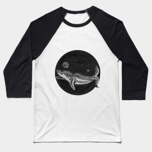 Hand inked whale with moon and northern light in the deep black ocean Baseball T-Shirt